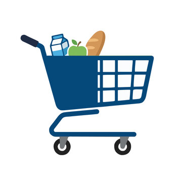 Blue shopping cart filled with fresh groceries on a white background for retail supermarket commerce concept