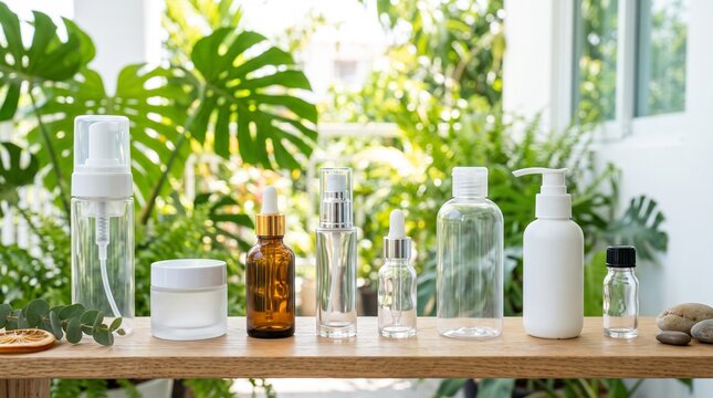Assorted cosmetic bottles on wooden table with lush green plants background