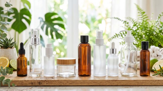 Assorted cosmetic bottles on wooden tray with green plants background