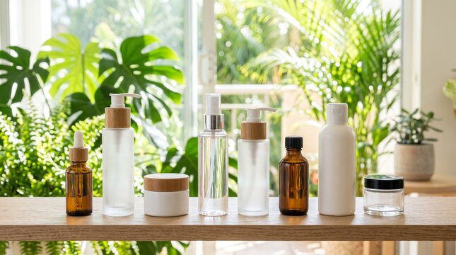 Natural skincare products on wooden table in bright room with plants