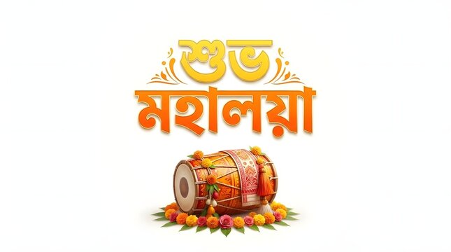 Subho mahalaya bengali greeting with traditional dhak drum and festive floral decoration.