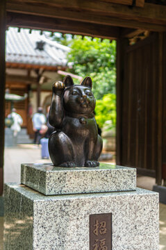 The cat statue at the entrance to the Maneki-neko Gotokuji temple in Tokyo.