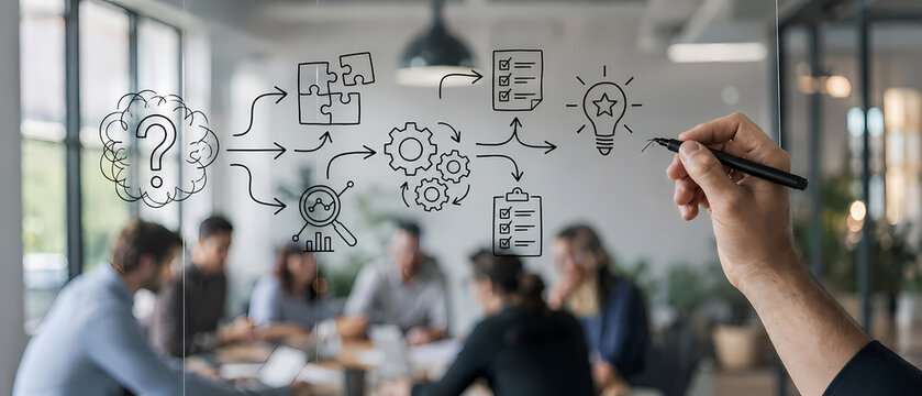 A hand draws business, workflow and innovation icons on glass while a blurred professional team collaborates around a table in a modern office, illustrating brainstorming, strategy and project plannin