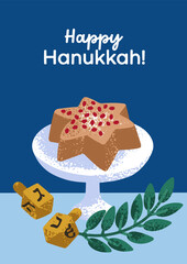 Naklejka premium Happy Hanukkah greeting card design. Hanuka star cake and dreidels, olive branch, traditional Jewish religious holiday food, symbols. Chanukah postcard with dessert. Flat vector illustration