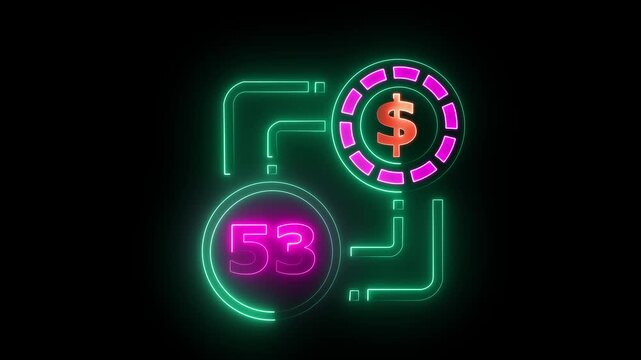 53 dollar sign text vibrant neon green on black background, financial wealth and currency concept. Neon check mark with payment successful. Confirmation, money transaction concept.