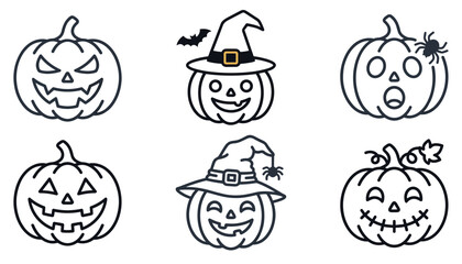 Fototapeta premium Halloween pumpkin line art icon set with spooky jack o lantern faces witch hat bat and spider vector elements