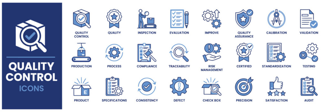 Quality control and inspection line icons in blue for manufacturing standards and certification processes.