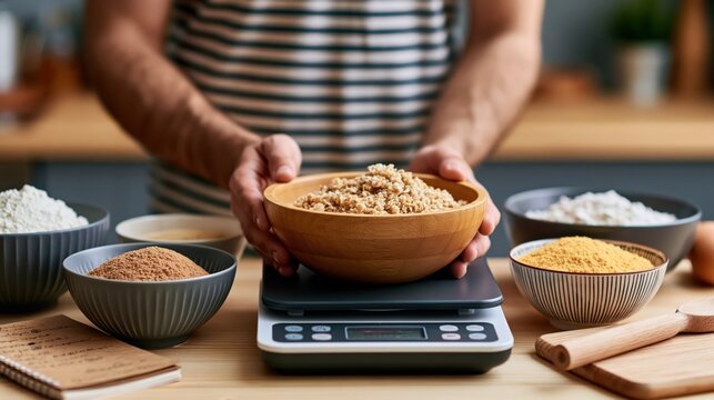 Person precisely weighing granular ingredients on a digital kitchen scale for baking