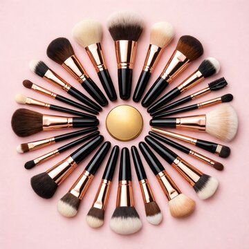 Professional makeup brush collection arranged in circular pattern on soft pink beauty background