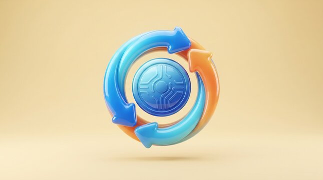 Modern 3D digital money transfer icon with circular arrows and coin isolated on pastel yellow background for fintech banking and online payment concepts