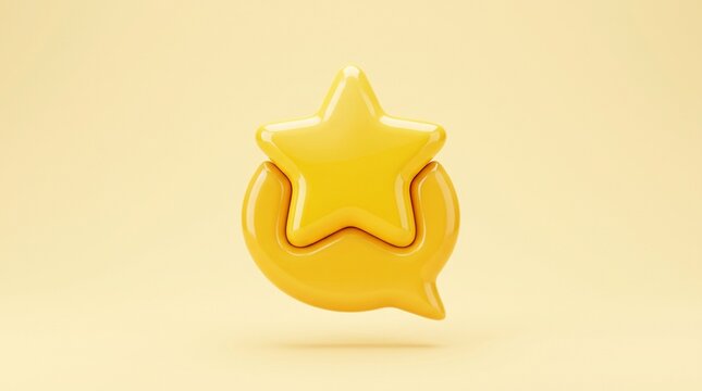 Modern 3D customer review star icon with speech bubble isolated on pastel yellow background for ecommerce rating feedback reputation and marketing concepts
