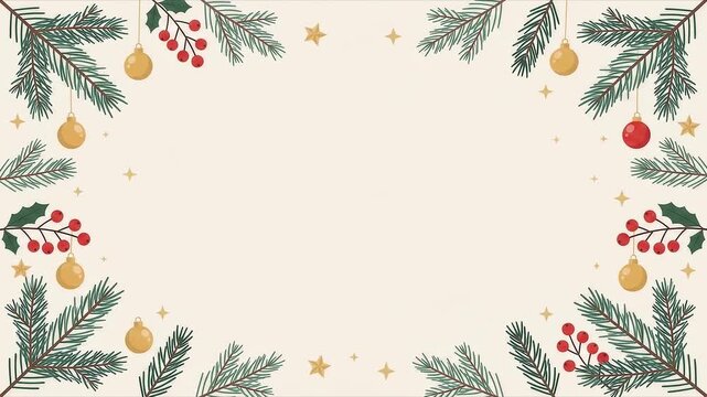 モミの枝とオーナメントで囲んだクリスマスボタニカルフレームアニメーション