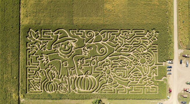 Aerial top down view of a large corn maze shaped like a scarecrow and pumpkins. Autumn harvest festival labyrinth from above