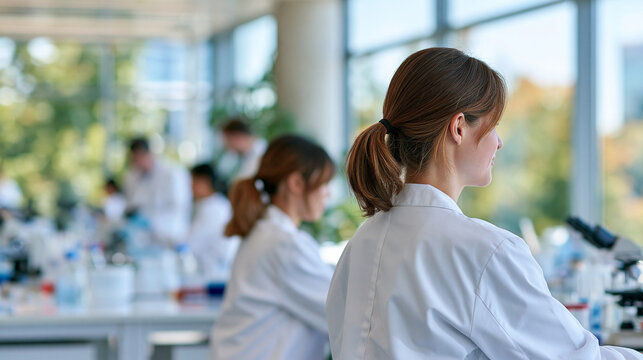 Blurred modern laboratory scene with scientists in white coats working at bright research workstations, soft focus figures handling laboratory equipment in the background, clean contemporary scienti