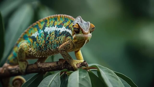 Chameleon Reptile Perched Jungle Branch and Leaf Displaying Colorful Textured Scales and Curled Tail