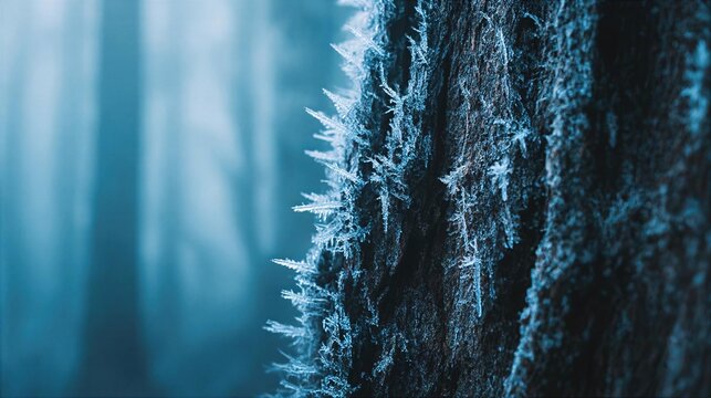 Frost covers the bark of a tree in a dense foggy forest during winter