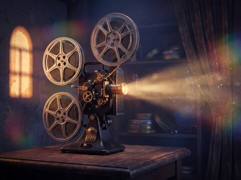 Vintage film projector on a wooden table projecting a bright beam of light in a dark room