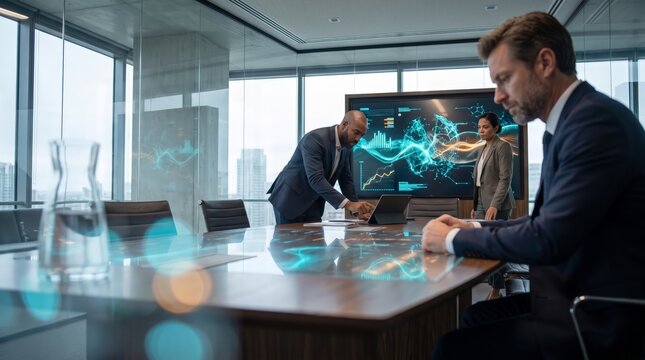 Executives working beside data display