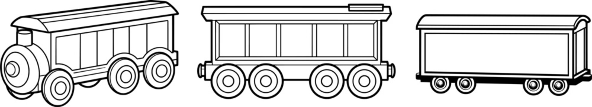 A black-and-white line art toy train car with simple boxcar design, wheels, and a small roof, isolated on a white background, showcasing clean bold lines perfect for vector tracing