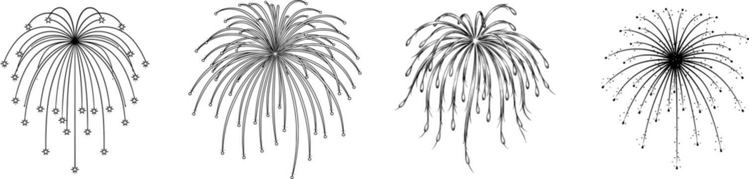 A weeping willow fireworks burst with long drooping trails in black and white line art, isolated on a pristine white background, vector tracing i41bjyn 8.2