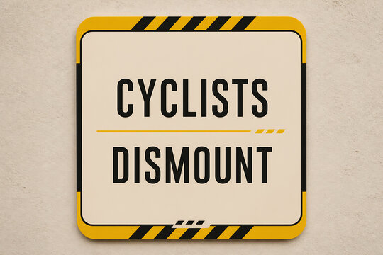 A yellow and black warning sign with the text CYCLISTS DISMOUNT is displayed against a light-colored, textured background.