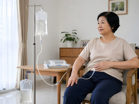 Older Asian woman performing manual peritoneal dialysis exchange at home
