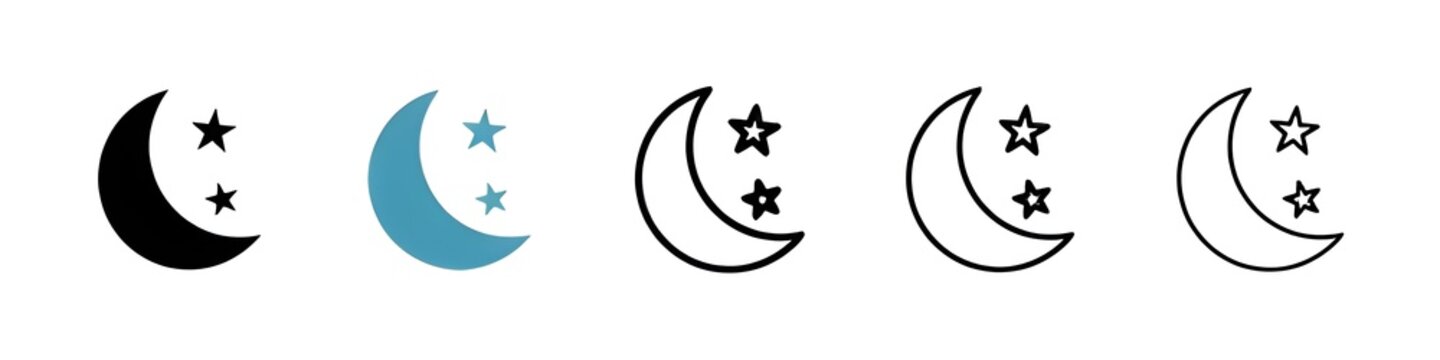 Moon stars vector icon set in black and blue colors. Thin line customizable illustration. Contour symbol. Vector isolated outline drawing. Editable stroke