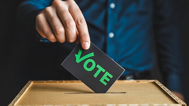 Hand casting a vote into a ballot box representing democracy, elections and civic participation