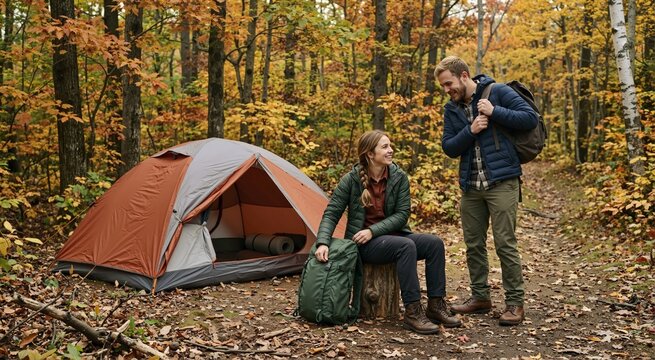Couple camping with tent in colorful autumn forest clearing. Outdoor hiking adventure and recreation