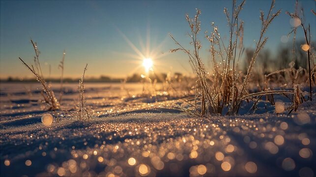 Sunrise over a snowy field with frost-covered grass and sparkling ice crystals