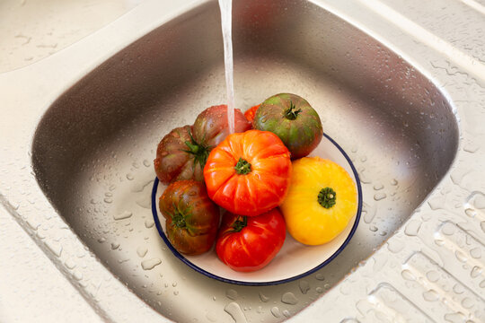 Tomates anciennes rouges et jaunes lav&eacute;es &agrave; l'eau claire dans une assiette au fond d'un &eacute;vier de cuisine en inox