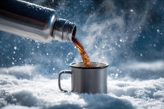 Hot coffee is poured from a thermos into a metal cup on snowy ground