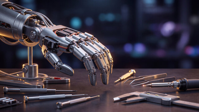 Robotic prosthetic hand rests on an assembly workbench surrounded by precision engineering tools, calipers, screwdrivers, and electronic hardware.