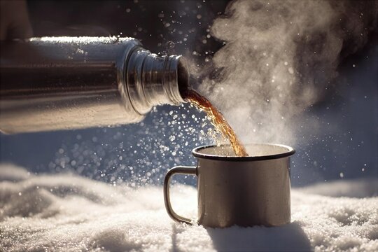 Warm drink is poured from a thermos into a metal cup on snow