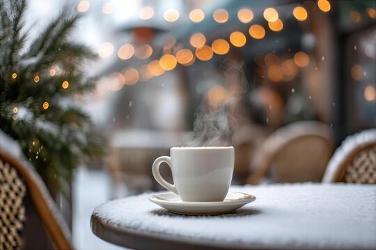 Warm drink rests on a snowy table outside a cafe with lights in the background