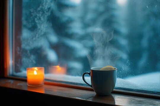 Cozy setting with a warm drink and candle by a snowy window