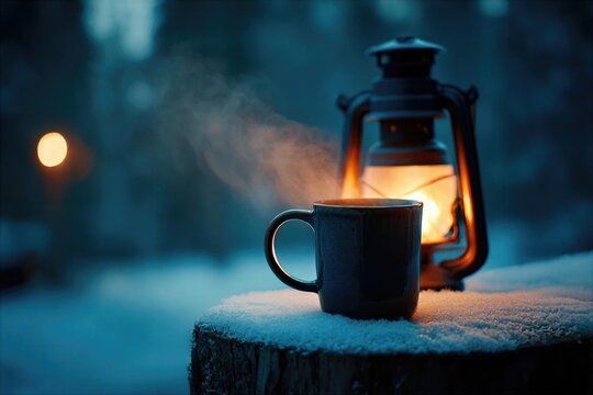 Warm drink beside a lantern on a snowy night in a forest