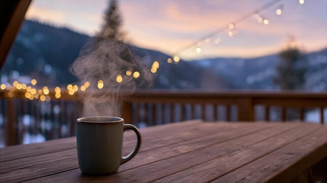 Coffee cup on wooden table with warm lights and mountains at sunset