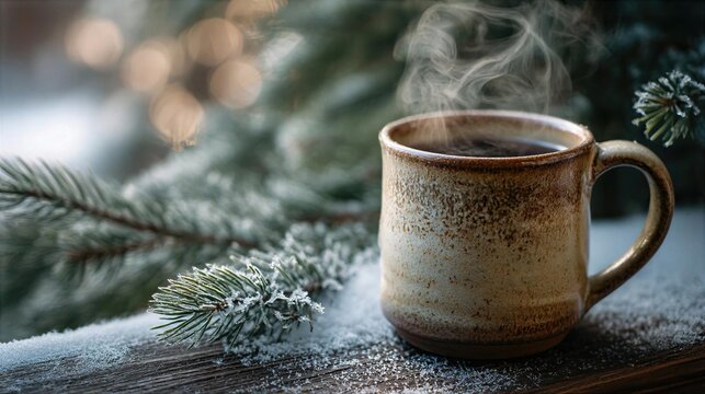 Warm cup rests on wooden surface with snow and pine surrounding in winter setting