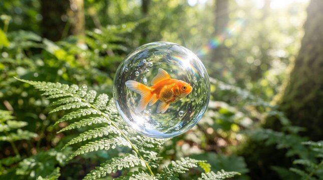 Goldfish Swimming inside Floating Transparent Water Bubble in Green Forest, Nature Concept