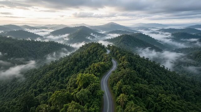 Drone Aerial View of Tropical Mountain Road Through Lush Green Forest
