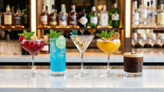 Five colorful cocktails lined up on a bar counter with a blurred bottle background