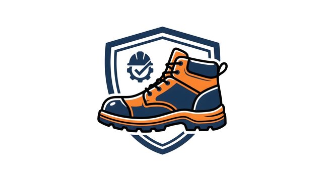 Vector illustration of a safety work boot with a protective shield and construction helmet icon