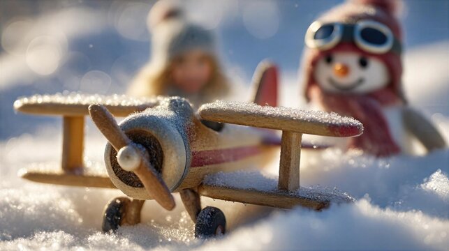 Wooden airplane toy in snow with dolls during winter season