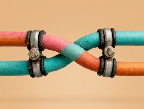 Close-up of Industrial Hoses Connected with Metal Restraints on a Neutral Background