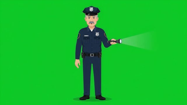 Police officer in uniform holding a flashlight, standing against a green screen background, ready for duty.