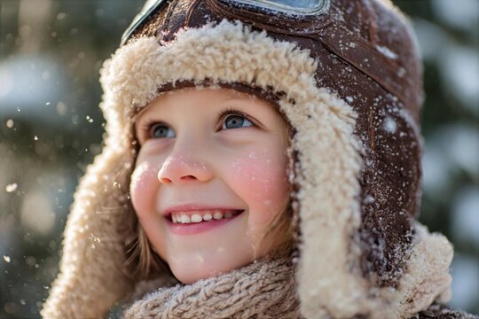 Child smiles while enjoying snowfall in winter outfit outdoors