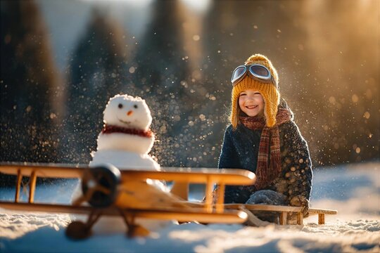 Child plays in snow with snowman and wooden airplane during winter day