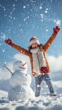 Child enjoys winter snow while playing with snowman in a snowy landscape
