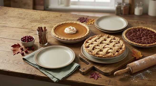 Selection of freshly baked autumn pies on rustic wooden table. Fall harvest baking and desserts